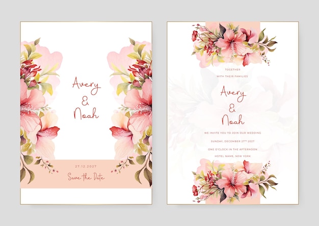 Pink and peach hibiscus luxury wedding invitation with golden line art flower and botanical leaves shapes watercolor