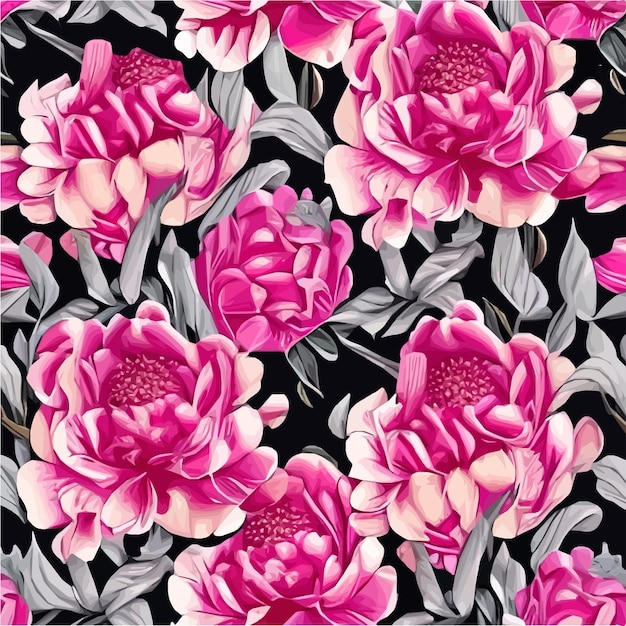 Pink peonies flowers and leaves floral vector seamless pattern spring summer