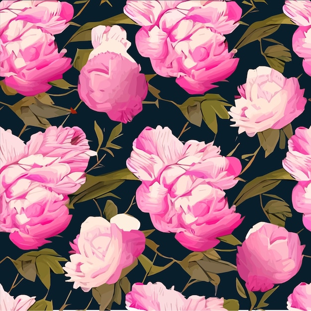 Pink peonies flowers and leaves floral vector seamless pattern spring summer