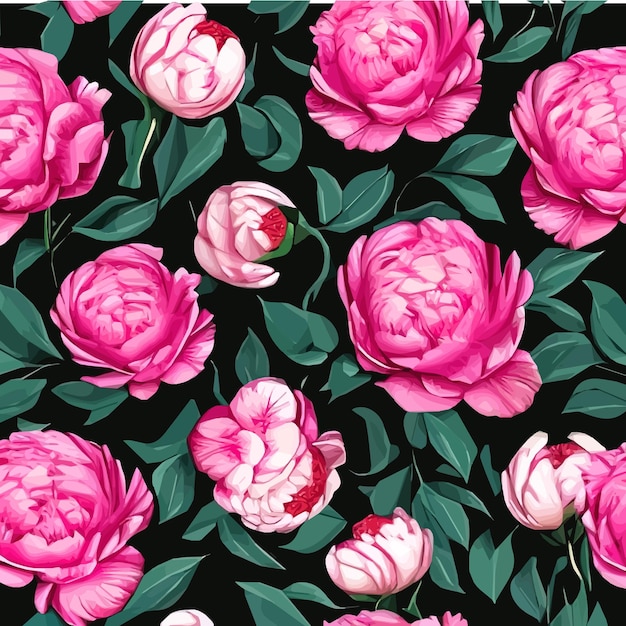 Pink peonies flowers and leaves floral vector seamless pattern spring summer