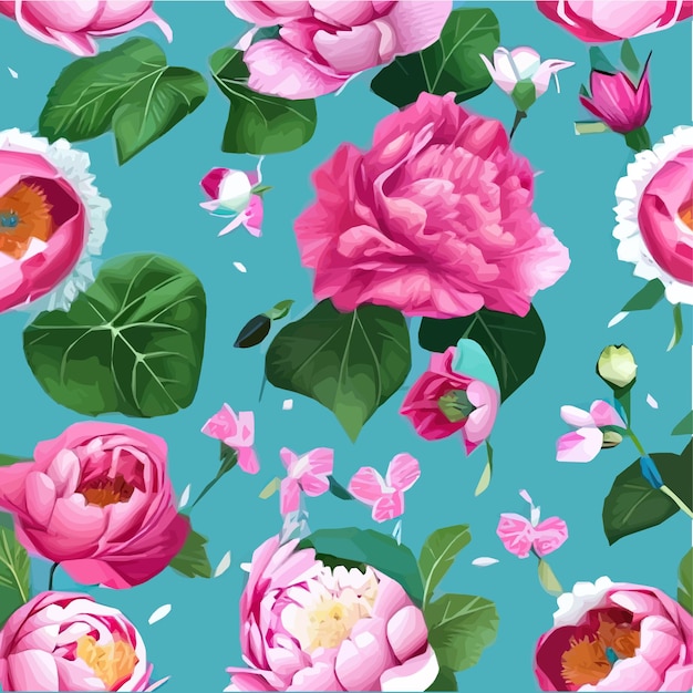 Pink peonies flowers and leaves floral vector seamless pattern spring summer