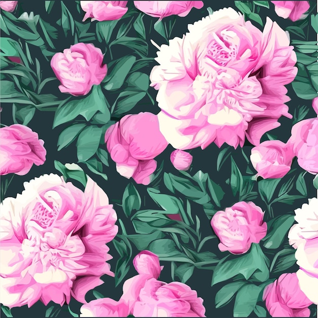 Pink peonies flowers and leaves floral vector seamless pattern spring summer