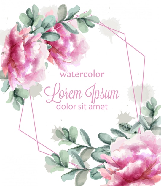 ピンクの牡丹の花のフレームの水彩画