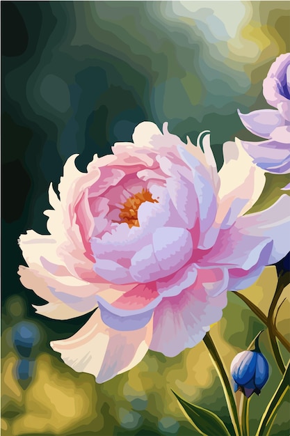 Vector pink peony flowers in garden closeup in background forest are visible summer landscape vector