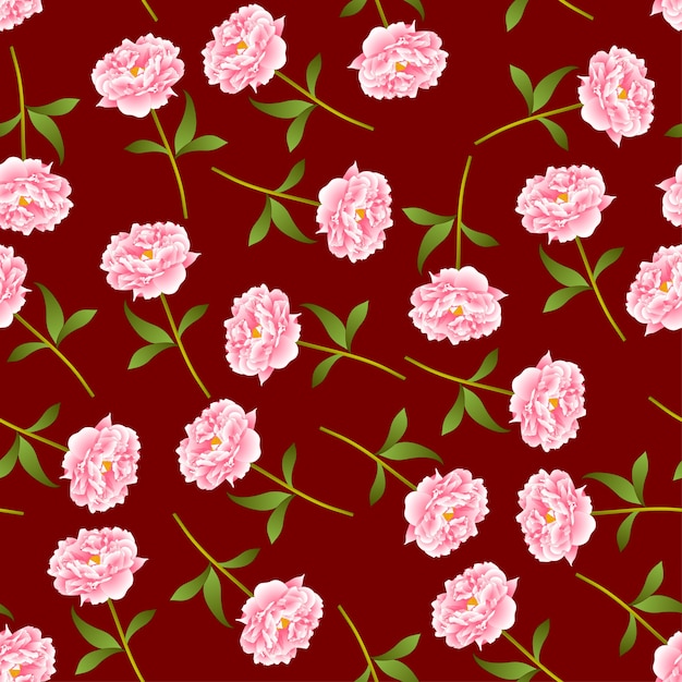 Vector pink peony seamless on red background.