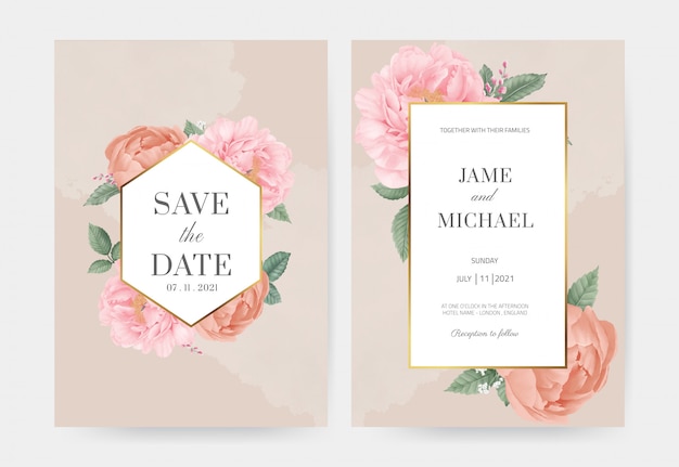 Pink peony wedding invitation set card. save the date with golden frame. rose leaves.  greeting card watercolor template.