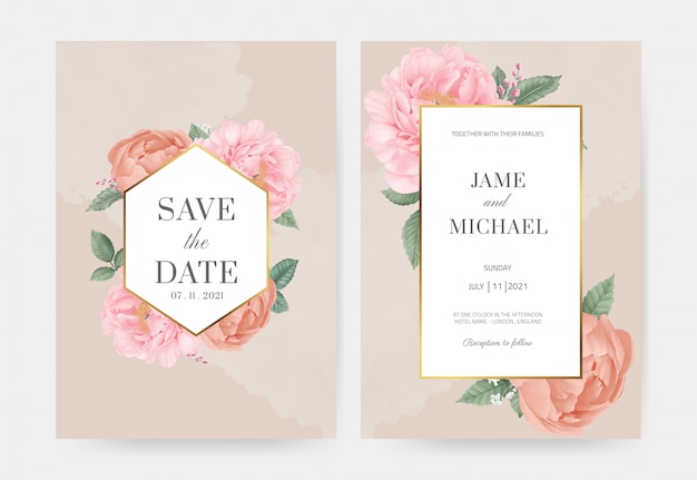 ベクトル ピンクの牡丹の結婚式の招待状は、カードを設定します。ゴールデンフレームで日付を保存します。バラの葉。グリーティングカード水彩画テンプレート。