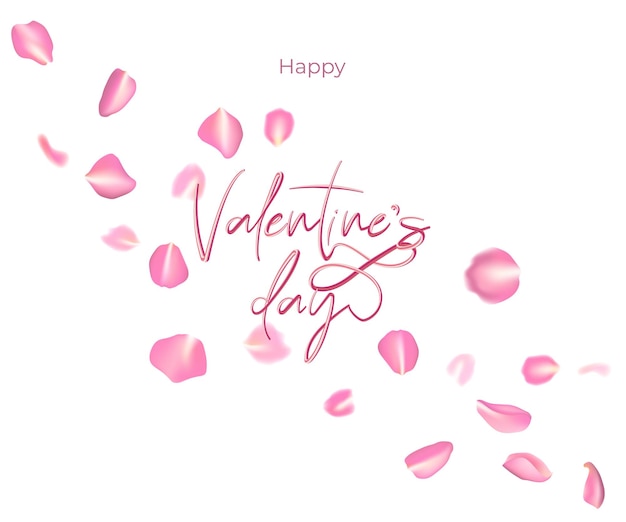 Vector pink petals gracefully fly around golden valentine lettering for cards invitations