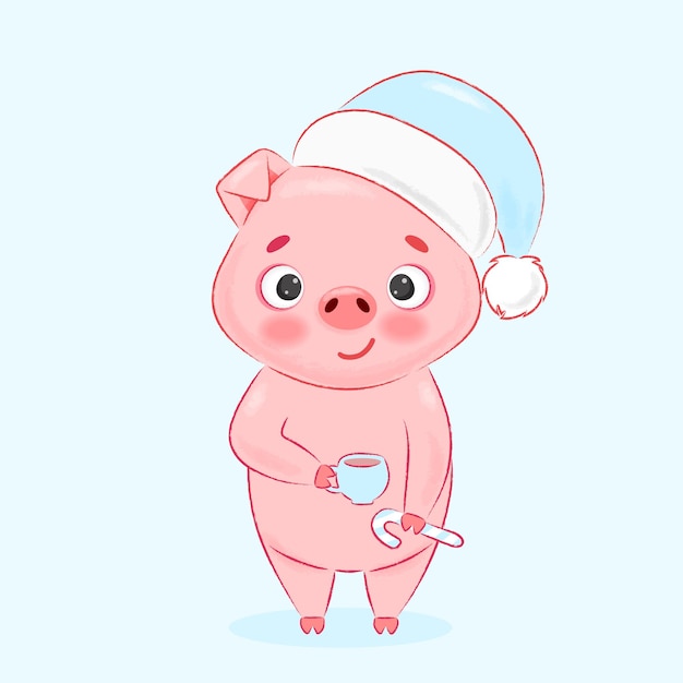 A pink pig in a blue hat holds a mug of coffee and a candy in his hands