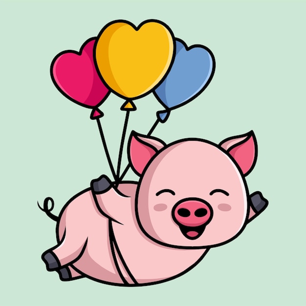 Vector pink pig flying with balloon cartoon vector