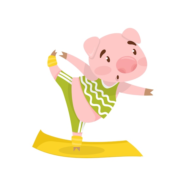 ヨガの位置にピンクの豚緑のスポーツウェアの愛らしい農場の動物アクティブなトレーニングフラットベクトルデザイン