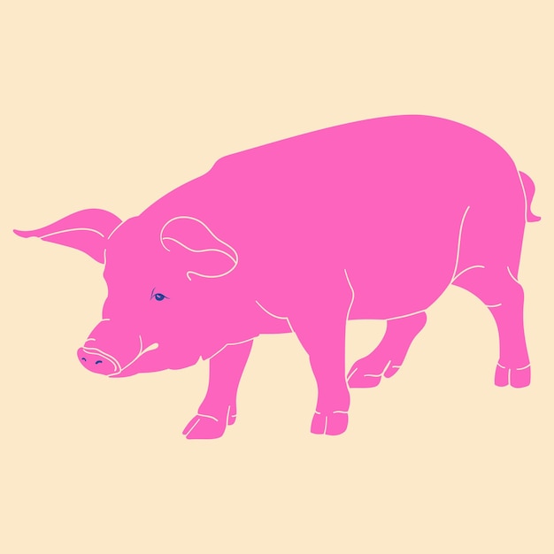 Pink pig vector illustration in a minimalist style with riso print effect