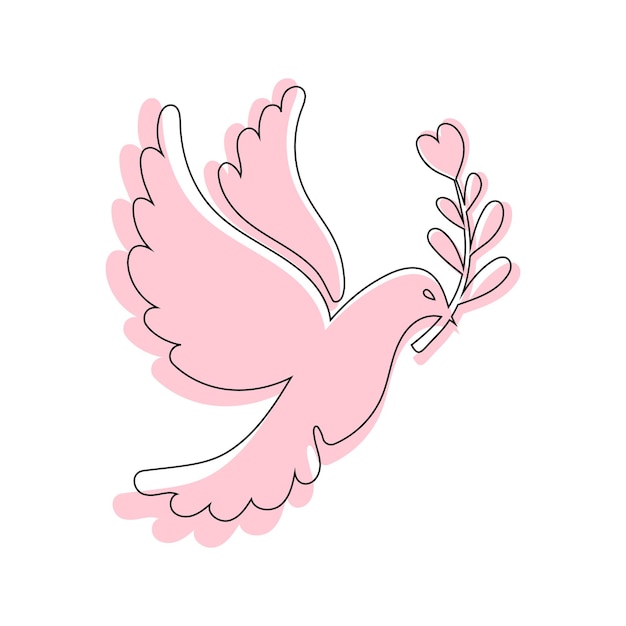 Pink pigeon silhouette dove of peace with olive branch Vector hand drawn illustration for world peace