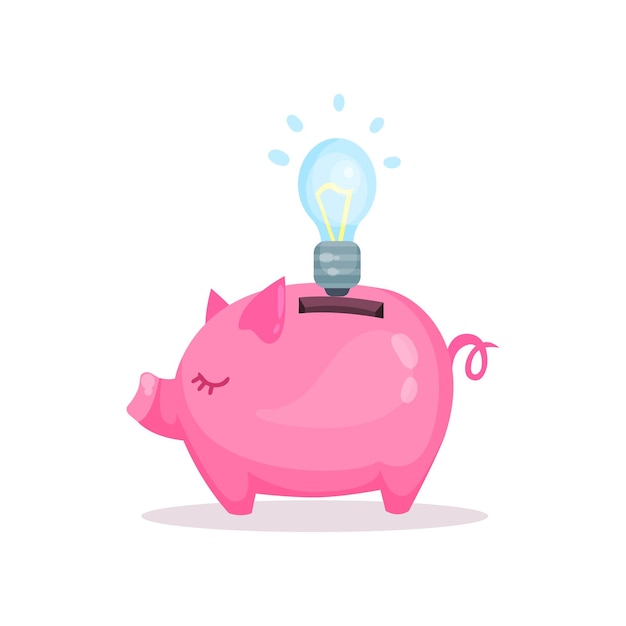Salvadanaio rosa e lampadina risparmio e investimento di denaro concetto fumetto illustrazione su sfondo bianco