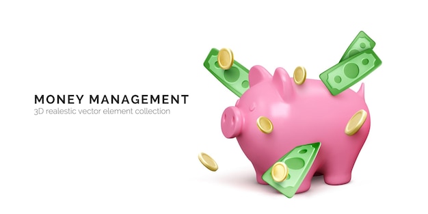 ピンクの貯金箱と落ちてくる緑の紙のお金と金のコイン白い背景で隔離の金融投資バナーお金の概念を保存ベクトル図