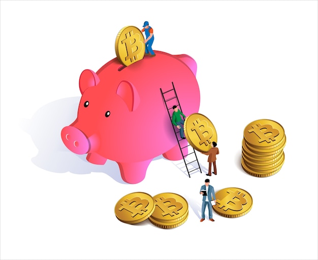 Vector pink piggy bank with coins falling into slot. piggy bank with money.
