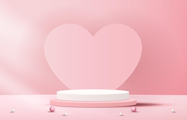 Pink podium display background products for valentine's day in love platform stand to show cosmetic with craft style symbols of love for happy vector design