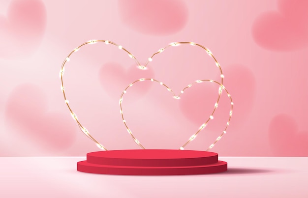 Il podio rosa mostra i prodotti di sfondo per il giorno di san valentino nello stand della piattaforma dell'amore per mostrare cosmetici con simboli di amore in stile artigianale per il disegno vettoriale felice