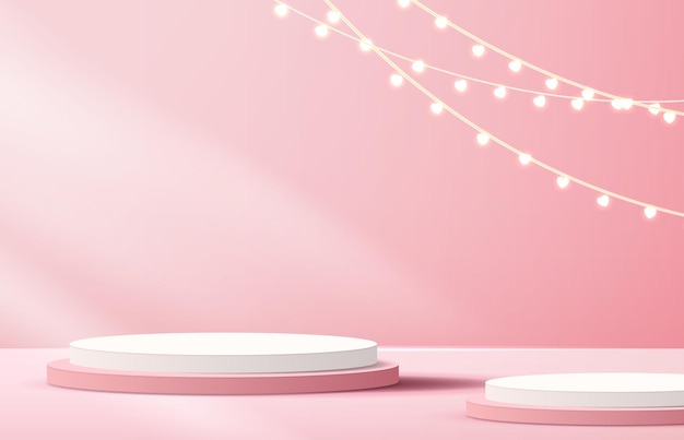 Pink podium display background products for valentine's day in love platform stand to show cosmetic with craft style symbols of love for happy vector design