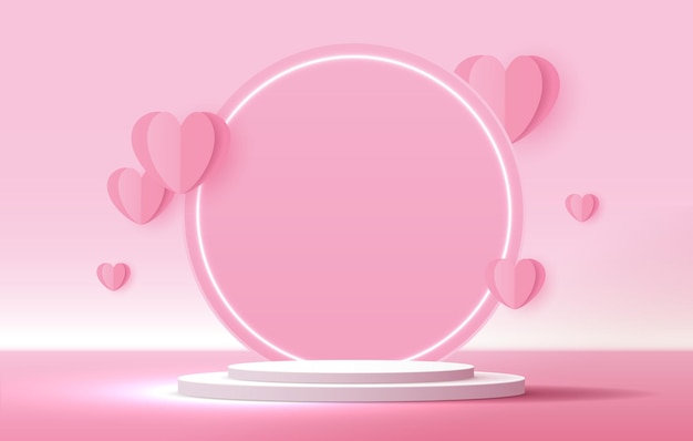 Pink podium display background products for valentine's day in love platform stand to show cosmetic with craft style symbols of love for happy vector design