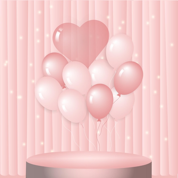 Pink podium with pink curtains and balloons in shine in vector illustration