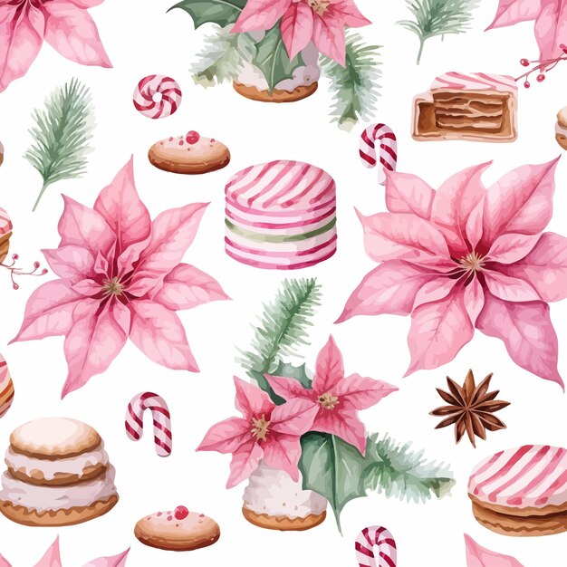 Vector pink_poinsettia_new_years_candy_canes_macarons