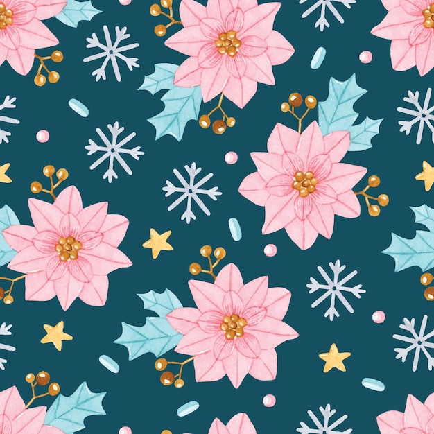 Pink poinsettia with golden berries and snowflakes watercolor Christmas seamless pattern wallpaper