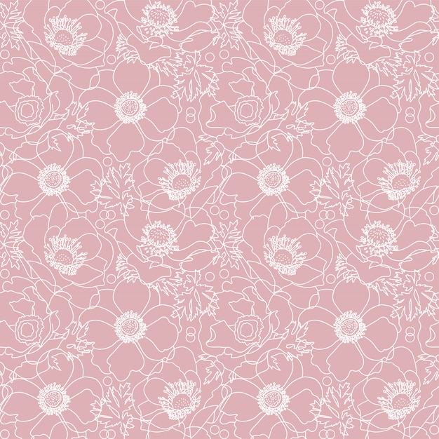 Vector pink poppy flowers seamless pattern with hand drawn white line floral elements