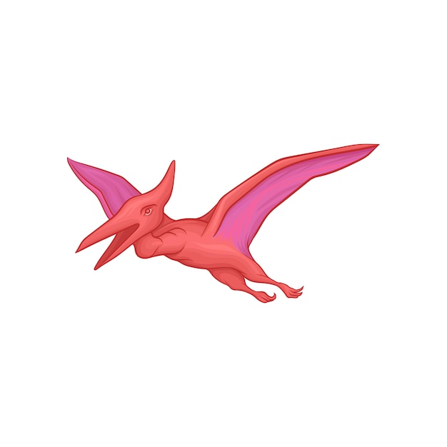 비행 행동에 핑크 익룡 큰 날개를 가진 만화 선사 시대 공룡 캐릭터 고대 쥐라기 파충류 모바일 게임을위한 컬러 평면 벡터 디자인