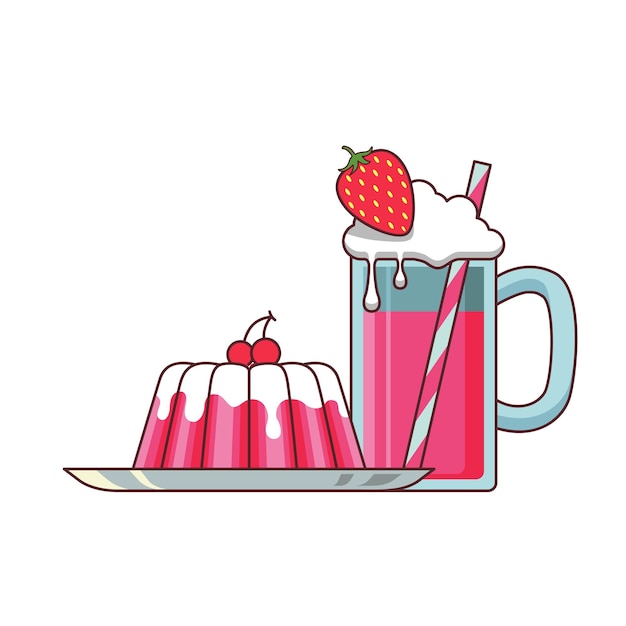 Vector pink pudding with strawberry juice dessert food illustration design