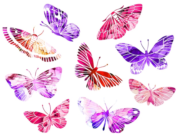 Pink and purple abstract watercolor butterflies