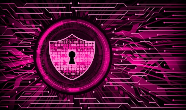 A pink and purple background with a shield and a keyhole in the middle.