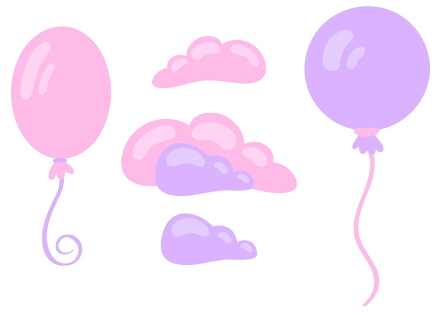 Vector pink and purple balloons and clouds set. hand drawn vector illustration.