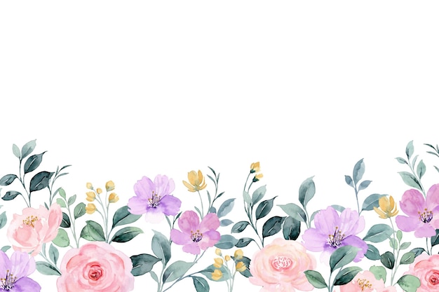 Vector pink purple flower garden background with watercolor