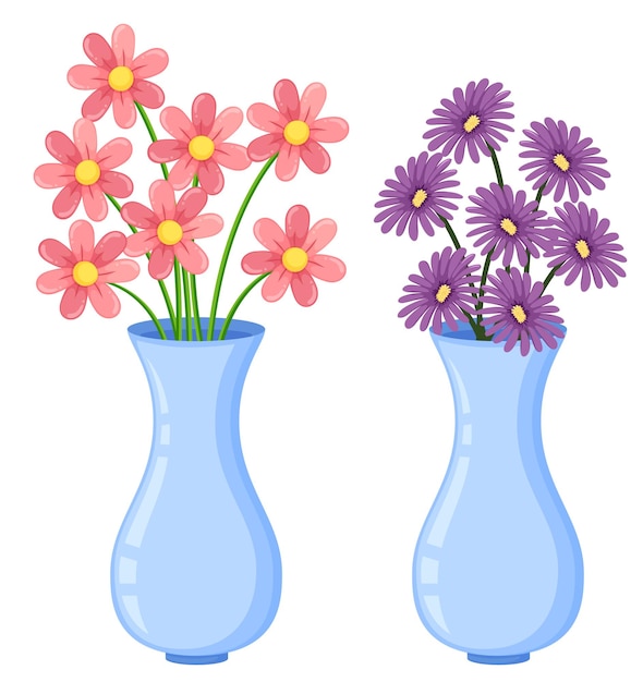 Vector pink and purple flowers in vases