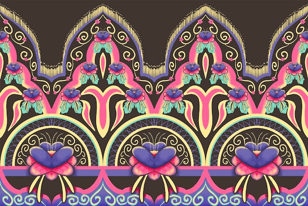 Vector pink purple green yellow flower on brown geometric ethnic oriental pattern traditional design for backgroundcarpetwallpaperclothingwrappingbatikfabricvector illustration embroidery style