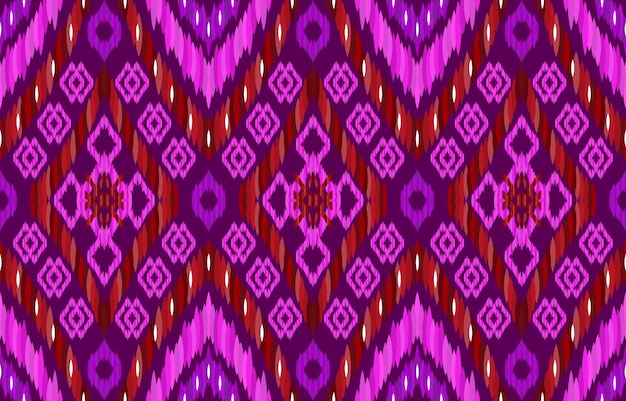 Вектор Розово-фиолетовые узоры икат. геометрический племенной винтажный ретро-стиль. этническая ткань икат бесшовный узор