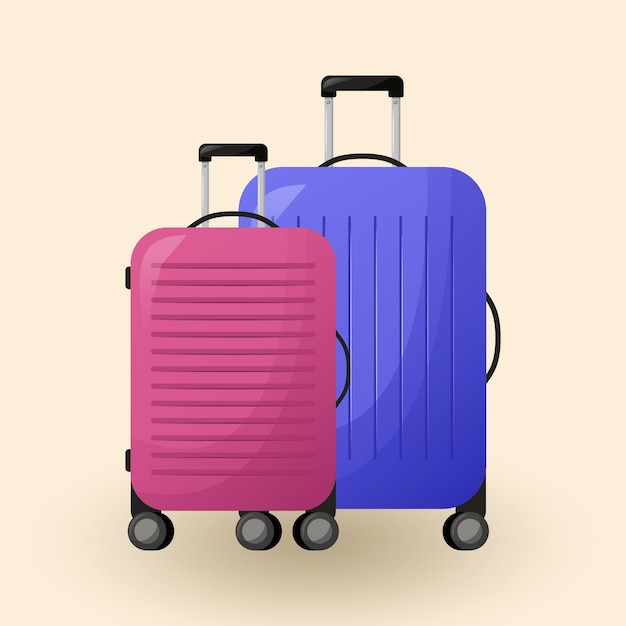 Pink and purple suitcase Luggage bag for things with handles and wheels Vector illustration