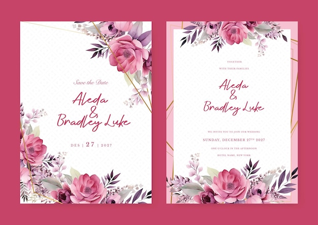 Pink and purple violet peony elegant wedding invitation card template with watercolor floral and leaves