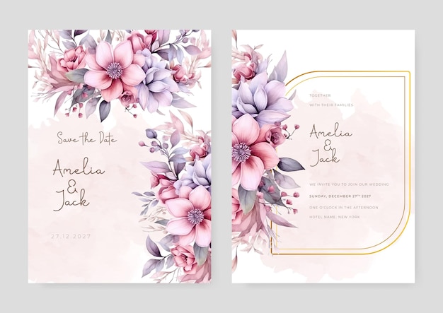 Pink and purple violet peony and poppy elegant wedding invitation card template with watercolor floral and leaves