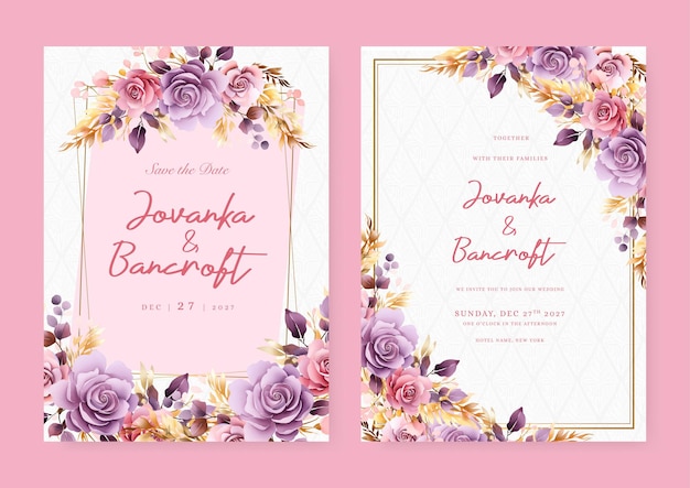 Pink and purple violet rose rustic vector elegant watercolor wedding invitation floral design