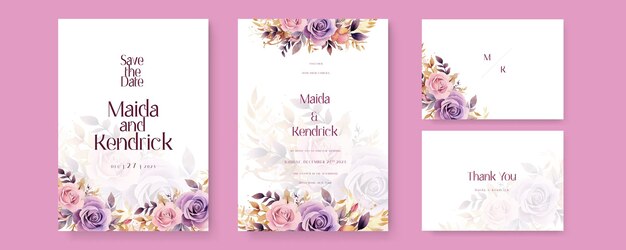 Vector pink and purple violet rose vector wedding invitation card set template with flowers and leaves watercolor