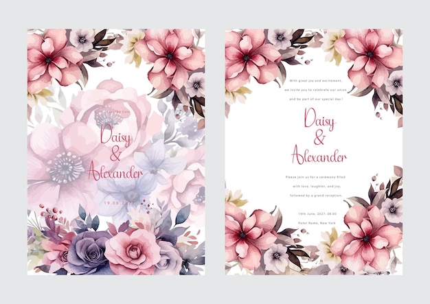 バラとダリアの花の水彩画の花と葉を持つピンク紫の結婚式の招待状のテンプレート