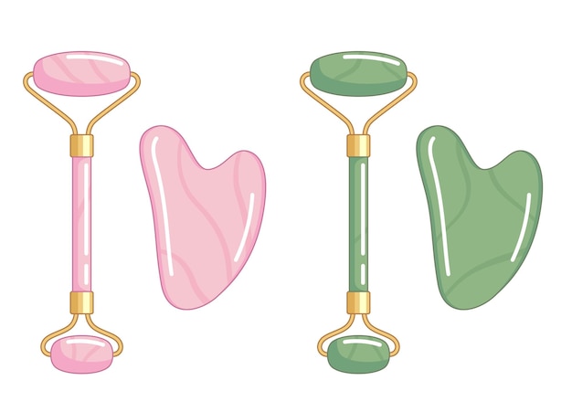 Vector pink quartz and jade face roller and gua sha tool massage face routine illustration