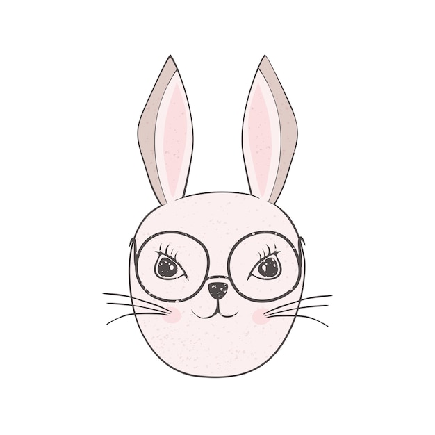 ピンクのウサギの頭とメガネ。白い背景、イラストに分離された美しい動物の女の子。