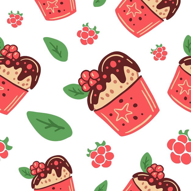Pink raspberry dessert with chocolate seamless pattern