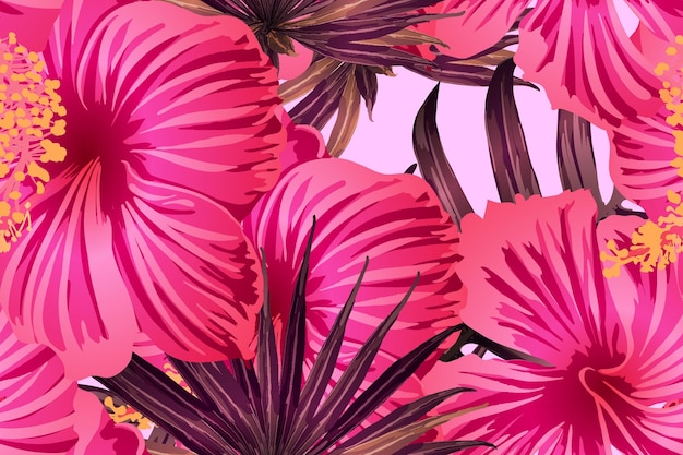ピンク赤のエキゾチックなパターン。モンステラとハイビスカスの花のトロピカルブーケ。飽和した大きな花柄の水着プリント。水平方向のロマンチックな野生のベクトルのエキゾチックなタイル。超自然的な植物のデザイン。