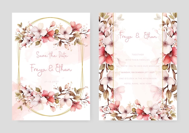 Pink and red frangipani luxury wedding invitation with golden line art flower and botanical leaves shapes watercolor