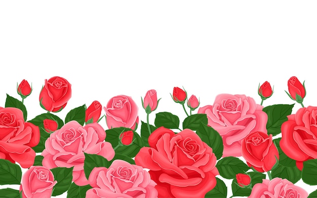 Pink and red roses seamless border. Horizontal floral border.