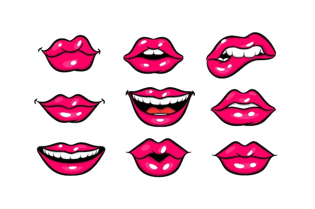 Pink red woman lips in pop art style set Cartoon girl make up vector illustration